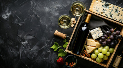 Box with bottle of wine cheese and glasses on dark background