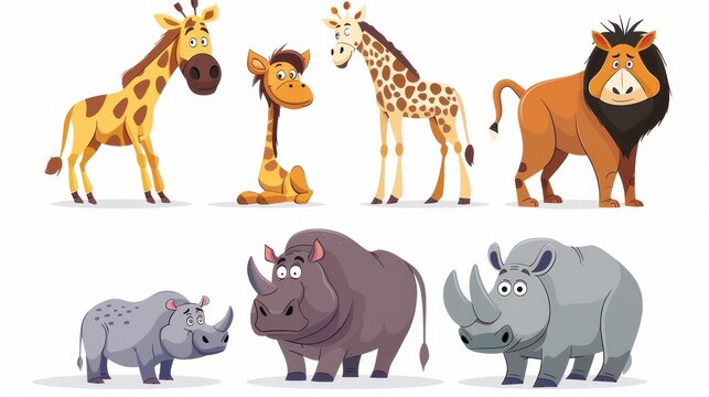 Modern cartoon illustration of giraffe, hippo, rhino, lemur, warthog characters standing or walking on white background. Cute animals inhabiting a zoo or safari park.