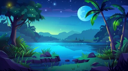 A night jungle forest with a river cartoon background. Fantasy trees, palms, and bush in a riverside location for a video game with green fireflies glowing. An environment with outdoor travel.
