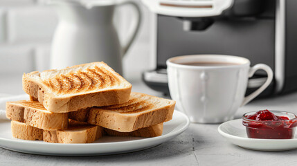 Fototapeta na wymiar Bread slices in modern toaster cup of coffee and tasty