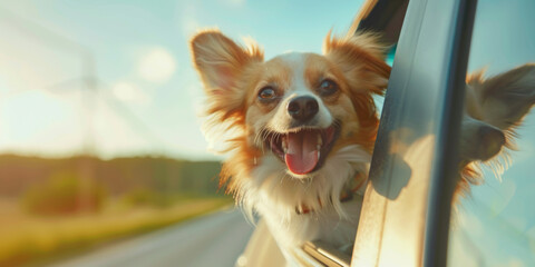 Summer vacation concept - cute dog sticking head out of car window