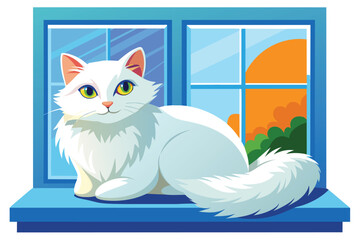 Fluffy white cat lounging on a windowsill, vector cartoon illustration.