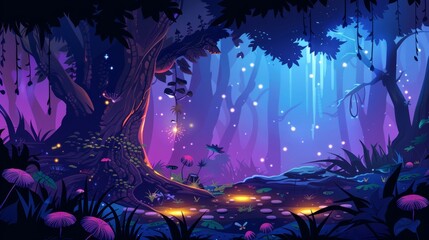A glowing night forest cartoon background with fireflies and puddles of ore. Fantasy jungle game illustration with a mushroom and tree. Tropical wonderland with glowworms.