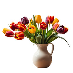 Tulips or colorful flowers Bouquet of colorful tulips in a white vase Isolated on transparent background.