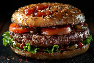 Close-up of a juicy, gourmet burger with fresh toppings on a sesame bun