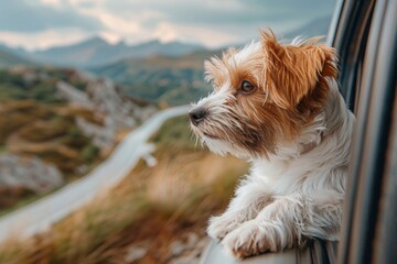 Small dog gazing from car window at the mountainous landscape outside