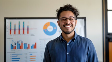 Latino or hispanic person data analyst standing in front of whiteboard with graphs and charts explaining business strategy