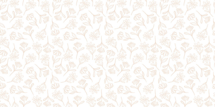 Cute floral background vector, white daisy flower print, wallpaper with hand drawn doodles, seamless repeat pattern