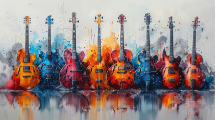 Different colorful guitars, world music day