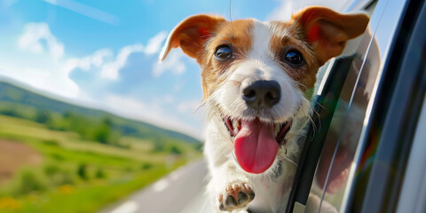 Summer vacation concept - cute dog sticking head out of car window