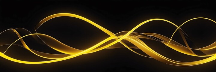yellow neon glowing bright curve lines on black luxury smooth shiny metal background from Generative AI