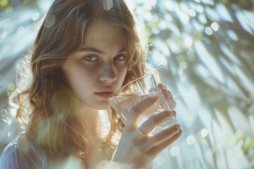 fitness, sport, and healthy lifestyle concept - close up of woman drinking water from bottle on beach over sunset. Beautiful simple AI generated image in 4K, unique. - obrazy, fototapety, plakaty