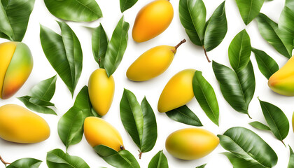 Yellow mango with leaves isolated on white background
