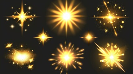 Illustration of golden light flash effects isolated on transparent background. Modern realistic illustration of glowing yellow explosion with shimmering sparkle particles.