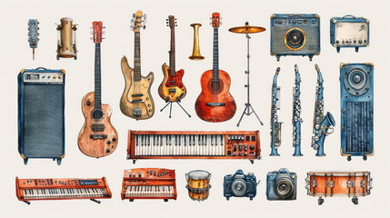 Different types of musical instruments, world music day - obrazy, fototapety, plakaty