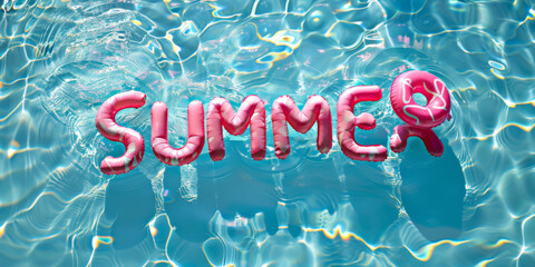 Summer vacation concept - summer spelled with pink floats in the pool