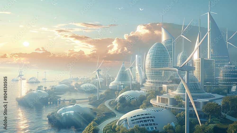 Poster wind turbines elegantly integrated into the city architecture, solar panels covering the rooftops of