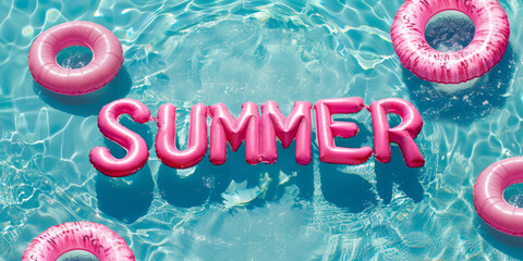 Summer vacation concept - summer spelled with pink floats in the pool
