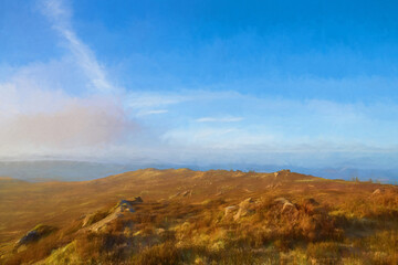 Peak District National Park digital oil painting of sunrise at The Roaches.