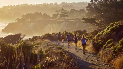 a group jogging along a scenic trail, exuding vitality, unity, and the pursuit of active lifestyles, promoting health and wellness