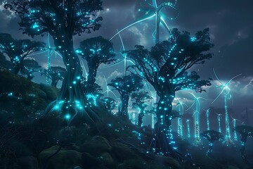 Wind turbines integrated into bioluminescent alien trees.