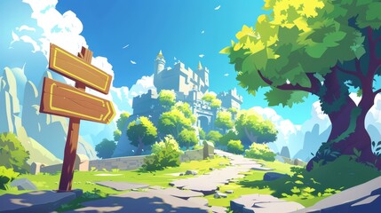 Fairytale medieval princess castle landscape background. A small signboard arrow on the road near the kingdom mansion. Fantasy king palace to illustrate a summer story. Fantastic game nature