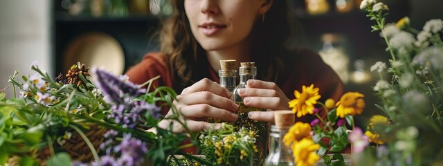 A woman holds medicinal herbs in her hands. Selective focus. Generative AI,