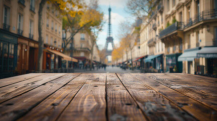 Fototapeta premium A photo shows an empty wooden table top with a slightly blurry background of the Eiffel Tower, Ai Generated Images