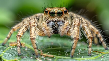 Macro close-up of a jumping spider with bright eyes and long legs crawling on a surface in nature. Bright colors.