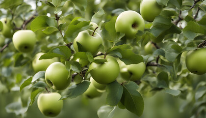 There are a lot of green apples on the branches of an apple tree in the garden.