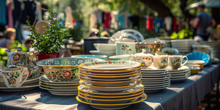 A table at an outdoor garage sale is covered with colorful plates, pots, pans, and other items for sale.