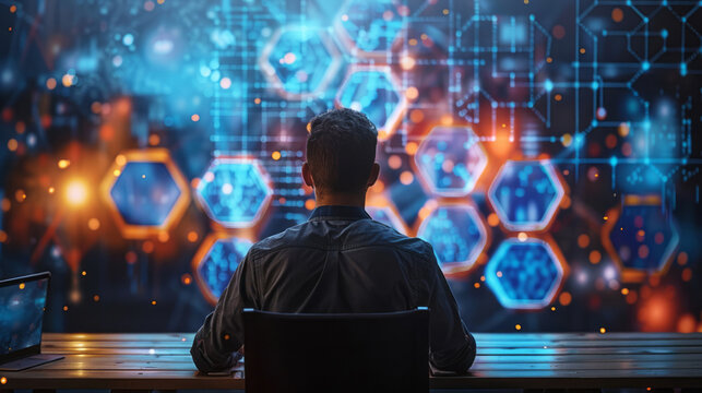 An individual sits at their desk, with an abstract collage of hexagonal shapes and colorful data points floating above them.