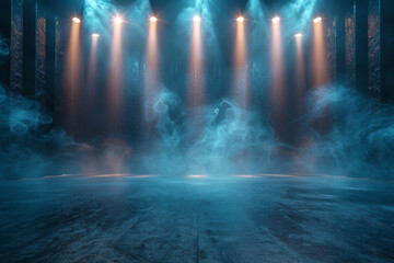 A stage is lit by spotlights against a background of dark blue light and fog.