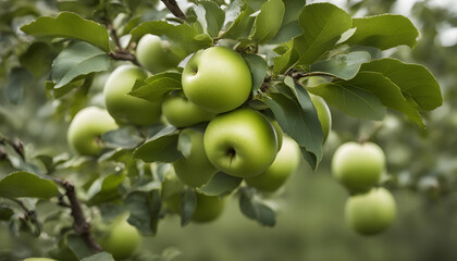 Granny smith apples on an apple tree ready to pick at a farm