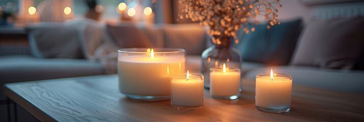Candles and glass jars on a coffee table create a comfortable atmosphere for relaxation in a front living room decorated in a cozy style.