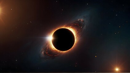 A photo of a black hole, partially covered by another celestial object, diagonal glare, gradient background, lens flare