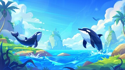 Cartoon seascape with jumping whales. Sunny day modern illustration with whale or orca tail splashing on water. Examining and observing the large cetacean animal in its natural environment.