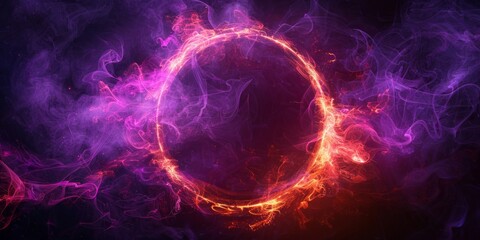 A glowing purple circle frame on a black backdrop is surrounded by light effects, energy swirls, and smoke.