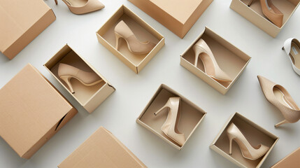 Cardboard boxes with beige highheeled shoes on white