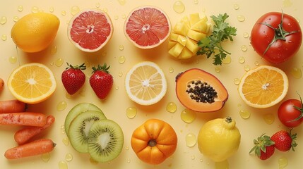 Some fruits and vegetables on a flat light yellow background, creative layout, bit wet, top view. Generative AI.