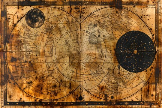 A celestial map, drawn in black ink upon weathered parchment, charts the course of the stars and the paths of destiny for each zodiac sign.