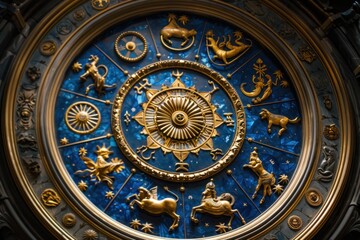 Obraz premium A celestial wheel spins amidst the darkness, adorned with symbols of the twelve zodiac signs, each marking a different destiny.