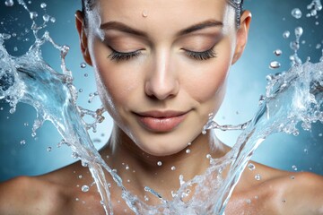Splash of Refreshing Cleanser: A close-up of a person's face with a splash of refreshing facial cleanser or micellar water, symbolizing the purifying and cleansing effects of skincare.
