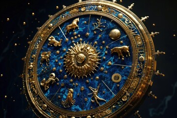 Fototapeta premium A celestial wheel spins amidst the darkness, adorned with symbols of the twelve zodiac signs, each marking a different destiny.