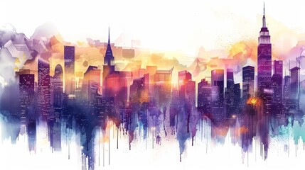 Obraz premium A creative futuristic charismatic watercolor painting capturing the brilliance of an ultramodern cityscape, hitech ultrafashionable clipart isolated on white background
