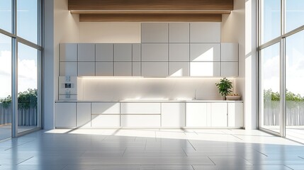 Fototapeta premium High-end open kitchen, minimalist, high floor, large area cabinets. Generative AI.