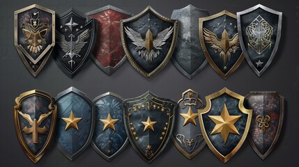 Obraz premium Illustration of hexagonal scratched military badges decorated with metal stars and wings, winner award, medieval emblem, success symbol isolated on a white background.