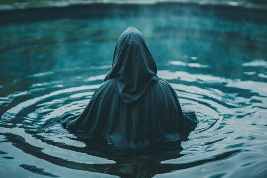 A hooded figure gazes into the depths of a scrying pool, its surface rippling with visions of the future guided by the movements of the celestial bodies and the influence of the zodiac.