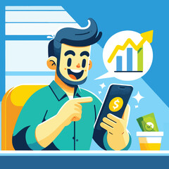 illustration of a businessman making money on the internet with a smartphone