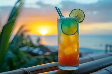 Refreshing tropical cocktail by the ocean at sunset, vibrant colors and relaxed summer vibe